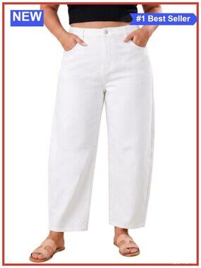 Plus Size High Rise Wide Leg Barrel Jeans Stretch Pull-On Cropped Denim Pants